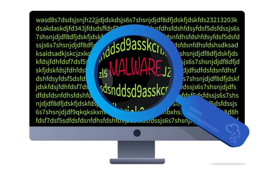 An image showing a computer display with random numbers and letters being displayed. A magnifying glass is being used to enlarge the display in one place, which spells the word 'MALWARE'