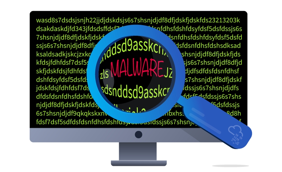 An image showing a computer display with random numbers and letters being displayed. A magnifying glass is being used to enlarge the display in one place, which spells the word 'MALWARE'