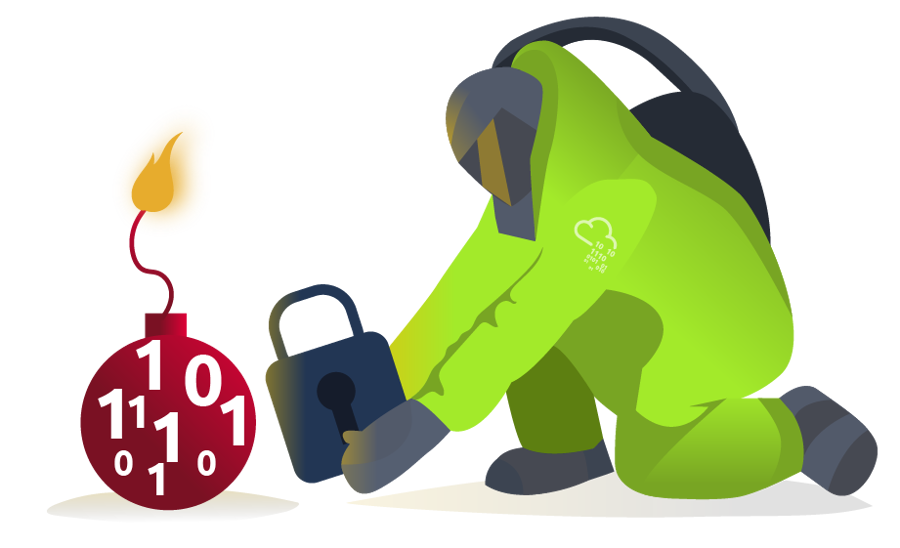 An image of a person looking like a bomb disposal squad member, trying to put a lock on a ticking bomb. The bomb has binary digits written on it