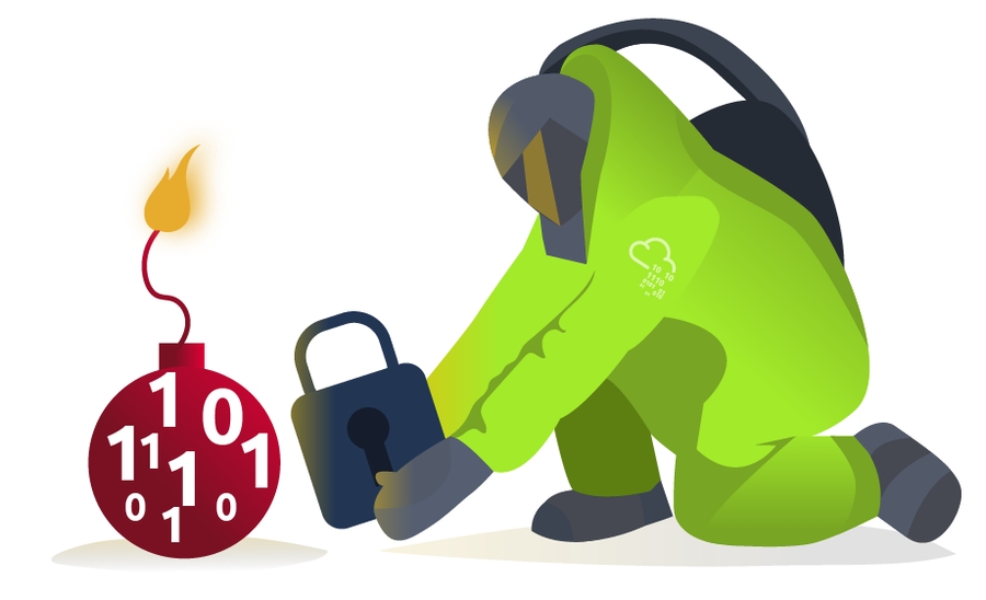 An image of a person looking like a bomb disposal squad member, trying to put a lock on a ticking bomb. The bomb has binary digits written on it