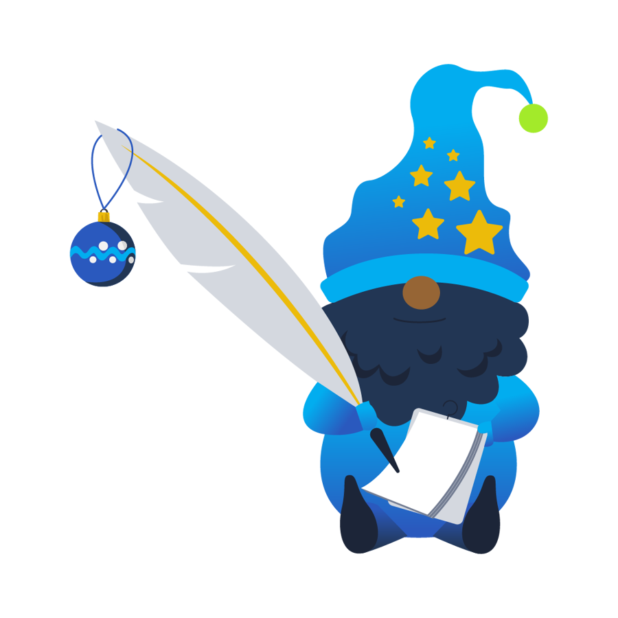 A blue-team elf holding a feather and notepad