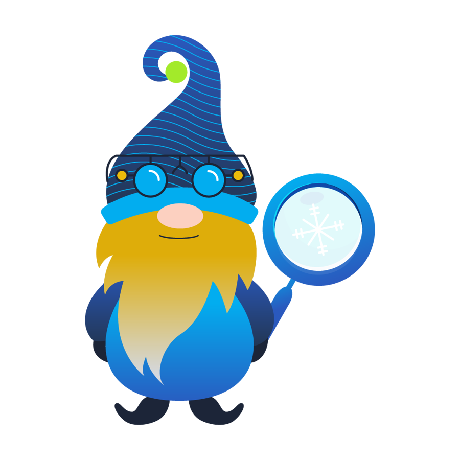 a blue-team elf holding a magnifying glass